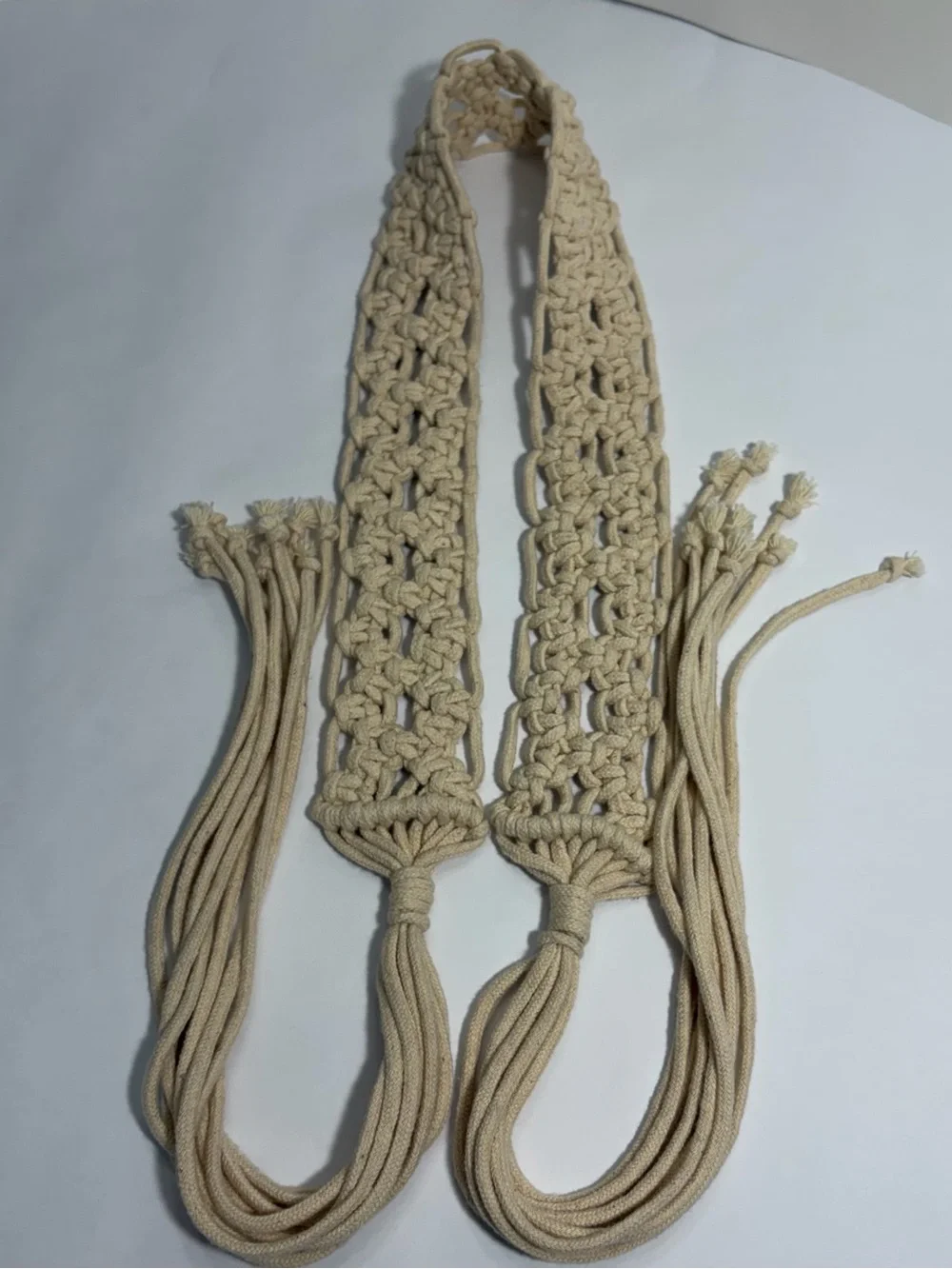 Vintage Macrame Tie Belt Cream Off White Cotton Woven Tassel Fringe Boho 70s